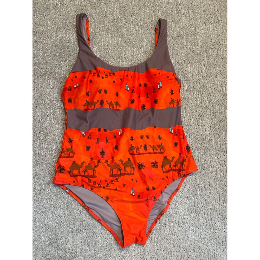 Isabelle Feliu x Anthropologie Camel Print One Piece Swimsuit Orange Brown L